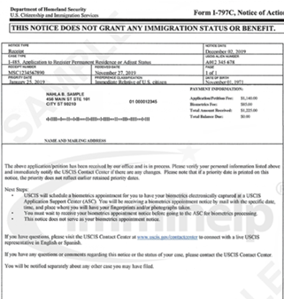 Sample I-485 Receipt Notice